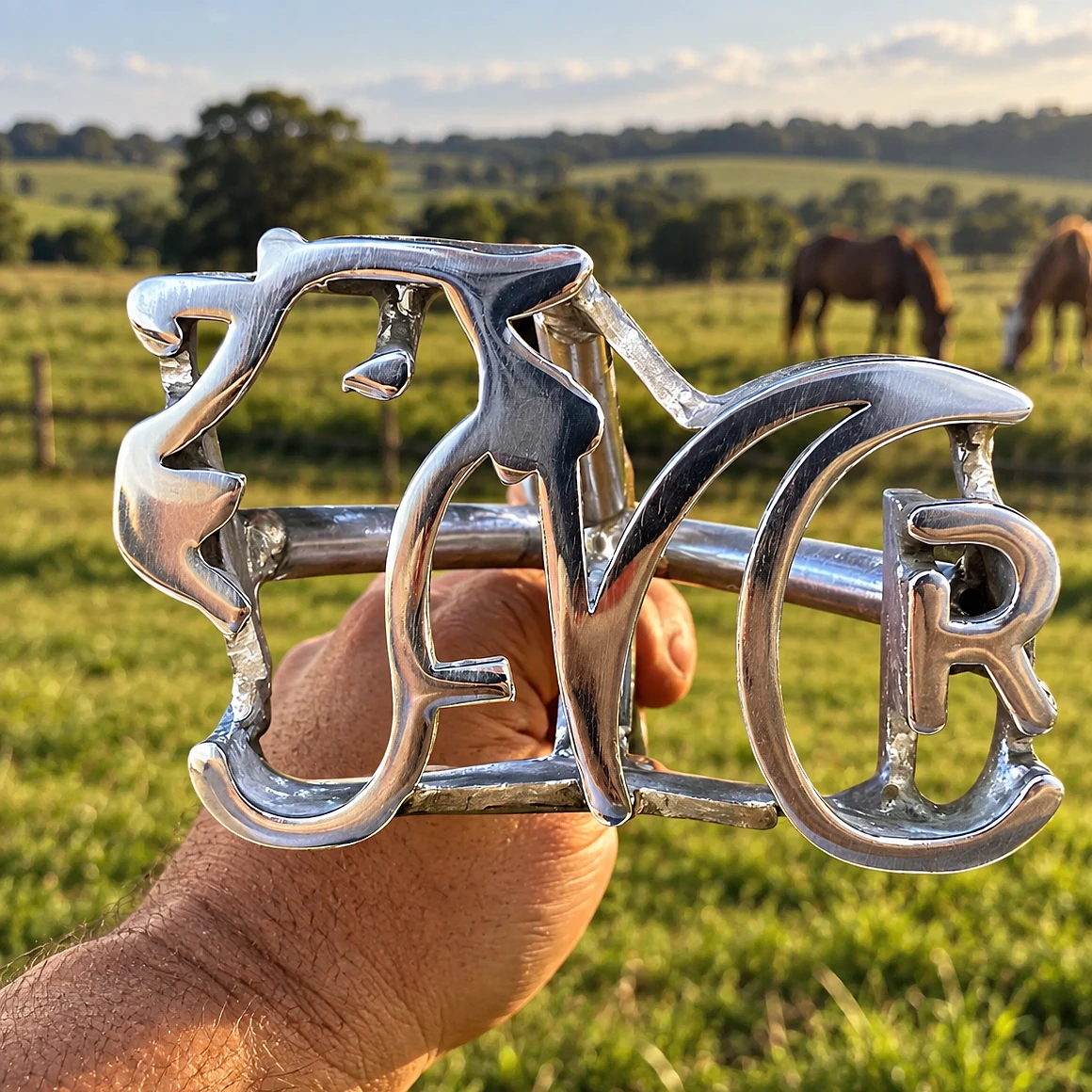 Detalhe da estrutura soldada de um ferro de marcar em aço inox com letras e desenho, em pasto com cavalos
