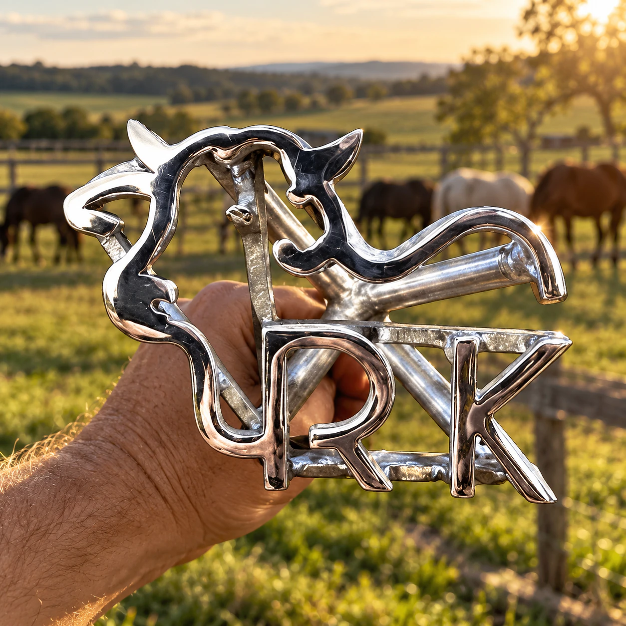 Marcador personalizado em aço inox 304 com desenho de cavalo e as letras RK, segurado na mão diante de um pasto com cavalos