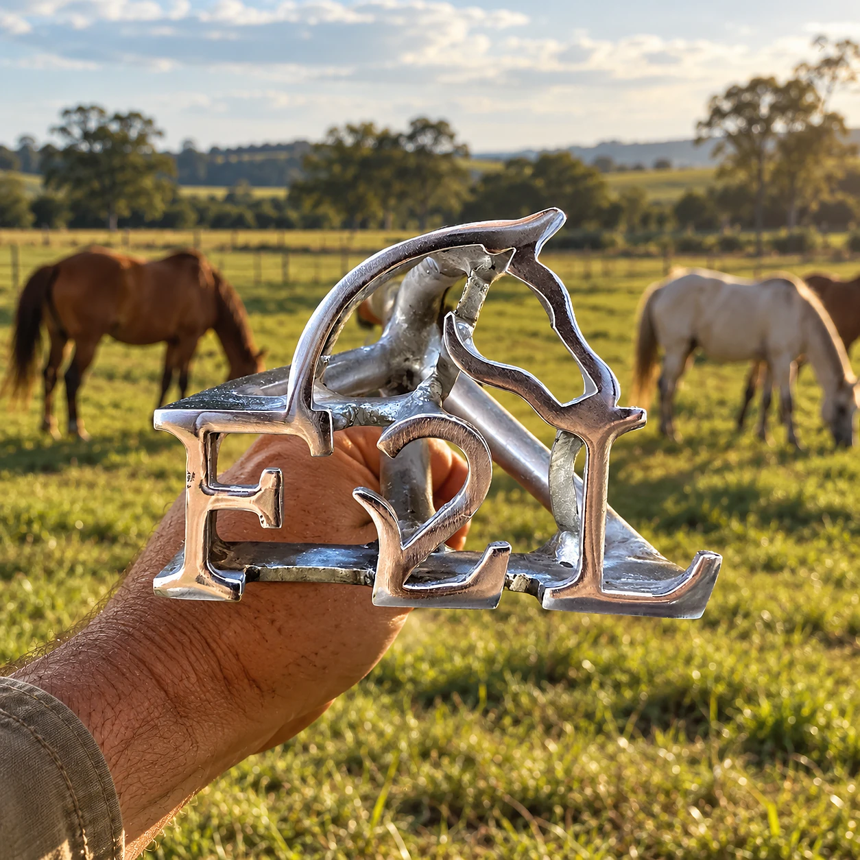 Ferro de marcar personalizado em aço inox 304 com as letras E2L e desenho de cavalo, em fazenda